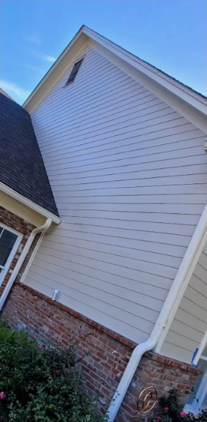 Siding repainted from olive to white, after painting
